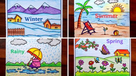 Video Tutorial uploaded on Amrita's_Artwork_333. Subscribe for more creative Drawings and School Projects. Four Seasons Drawing | Type of Seasons Drawing for kids Easy steps | Weather Seasons Drawing ideas 4 Seasons Drawing Ideas, Weather Drawings Art, Four Seasons Drawing For Kids, Season Charts For Kids, Seasons Chart Preschool, Weather Chart Ideas, Winter Season Drawing For Kids, 4 Seasons Drawing, Four Seasons Drawing