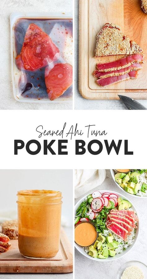 Say hello to the most delicious healthy bowl recipe you'll ever eat! This seared ahi tuna poke bowl is fresh, nutritious, and easy to make! Ahi Tuna Steak Recipe Seared, Ahi Tuna Bowl, Ahi Tuna Poke Bowl, Ahi Tuna Steak Recipe, Tuna Poke Bowl Recipe, Healthy Steak Recipes, Tuna Bowl, Ahi Tuna Recipe, Seared Ahi Tuna