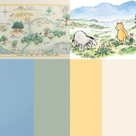 Vintage Winnie The Pooh Color Scheme, Soft Winnie The Pooh Nursery, Old Time Winnie The Pooh Nursery, Winnie The Pooh Palette, Nursery Ideas Color Palettes, Classic Pooh Color Palette, Nursery Room Winnie The Pooh, Vintage Winnie The Pooh Color Palette, Winnie The Pooh Color Pallet