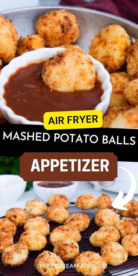 Crispy on the outside and creamy and cheesy in the center. Perfect appetizer or side dish using leftover mashed potatoes. #AirFryer #PotatoBalls #SmallBites #Appetizer Leftover Potatoes Recipes, Using Leftover Mashed Potatoes, Air Fryer Xl Recipes, Mashed Potato Balls Recipe, Mashed Potato Bites, Mashed Potato Balls, Air Fry Potatoes, New Air Fryer Recipes, Potato Balls