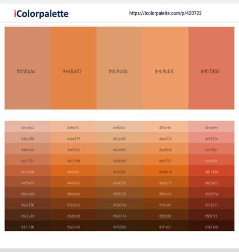 Colors included in this palette similar to Burnt Sienna, Claret Red, Dark Salmon, Dark Salmon and Dark Salmon, Dark Salmon and Sandy Brown, Di Serria, Goldenrod, Goldenrod and Dark Salmon, Goldenrod and Sandy brown, Gray, Indian Red, . Download color palette as Pdf, Adobe swatch and more. Terracotta Color Scheme, Rust Color Schemes, Orange Color Combinations, Peach Orange Color, Brand Colour Schemes, Beige Color Scheme, Orange Color Schemes, Red Damask, Orange Color Palettes