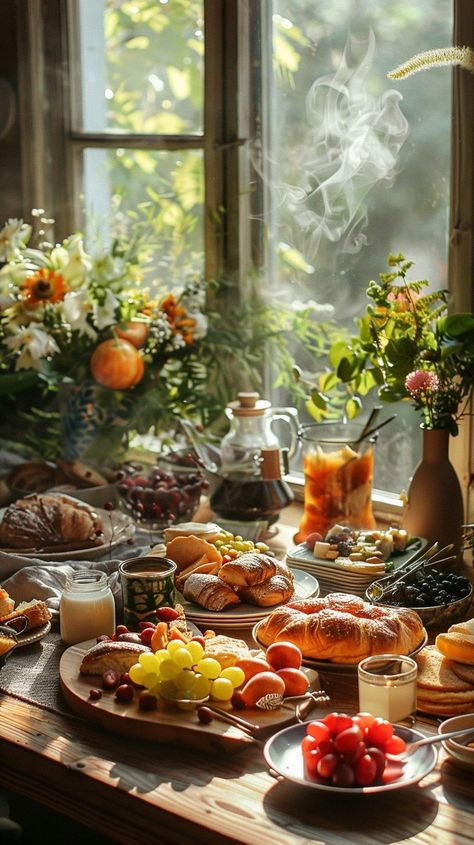 Sunlit Breakfast Spread: A cozy morning setting featuring a sunlit breakfast table laden with fresh fruit, pastries, and flowers. #breakfast #sunlight #morning #fresh #fruits #aiart #aiphoto #stockcake ⬇️ Download and 📝 Prompt 👉 https://ayr.app/l/i5Hw Breakfast Esthetics, Sunday Morning Breakfast Aesthetic, Breakfast Table Photography, Autumn Sunday Morning, Breakfast Aesthetic Mornings, Morning Breakfast Aesthetic, Sunlight Morning, Sunday Aesthetic, Space Paintings