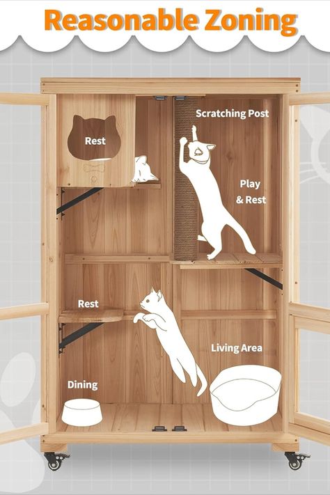 MCombo Luxury Cat House with Scratching Post, Wooden Large Cat Villa with Wheels, Multi-Feature Cat Condo with Escape Door, Cat Cages Enclosures with Shelter Indoor/Outdoor Dog And Cat House Combo, Hotel For Cats, Diy Indoor Cat House, Cat Hotel Design Ideas, Cat Hotel Design, Cat Cages Outdoor, Cat Enclosure Indoor, Cat Cage Ideas, Cat Hotel Ideas