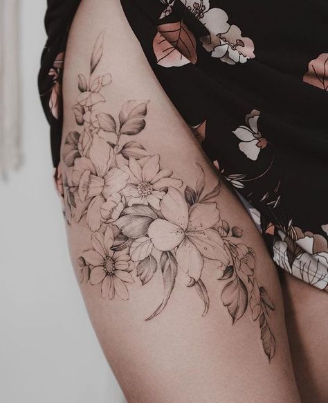 Floral Thigh Tattoos, Flower Thigh Tattoos, Dragon Tattoo For Women, Hip Tattoos Women, Inspiration Tattoos, Thigh Tattoos Women, Music Tattoos, Hip Tattoo, Nature Tattoos