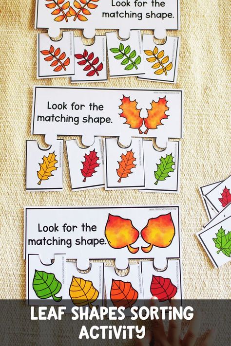 LEAF SHAPES MATCHING ACTIVITY #preschool #kindergarten #autumn #fall #homeschool #printable Preschool Fall Activities, Kindergarten Autumn, Autumn Preschool, Fall Homeschool, Autumn Themed Activities, Shape Sorting Activities, Shapes Matching, Fall Lesson Plans, Printables Ideas