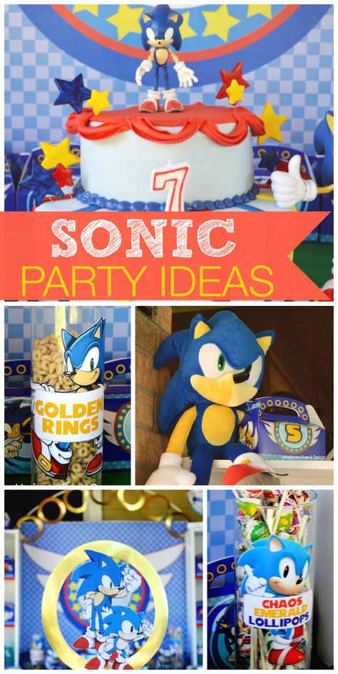 You'll find Sonic the Hedgehog and his golden rings, along with party decorations and cake, at this boy birthday party!  See more party ideas at CatchMyParty.com! Sonic Themed Party Food, Sonic Party Bag Ideas, Sonic The Hedgehog Birthday Party Ideas Diy, Sonic Ring Toss Game, Sonic Themed Games, Sonic Themed Party Games, Sonic Birthday Party Diy, Sonic Fruit Tray, Sonic The Hedgehog Birthday Party Cake Ideas