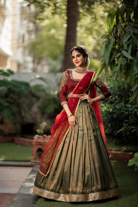 Maroon Half Saree, Traditional Half Saree Designs, Half Saree Set, Traditional Half Saree, Pink Half Sarees, Mustard Skirt, Red Pleated Skirt, Green Pleated Skirt, Lehenga Saree Design