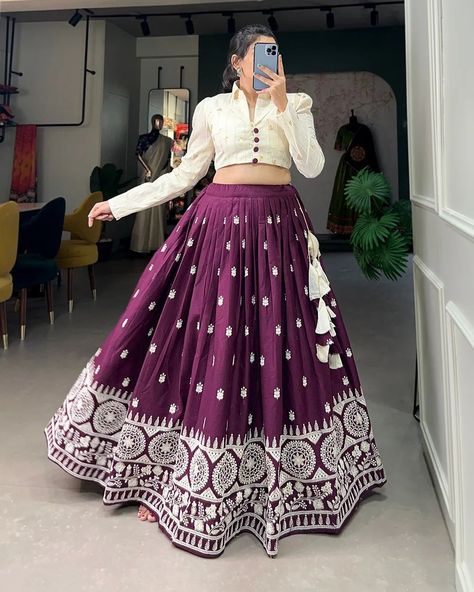 *🌷Co-ord set🌷* Steal the spotlight by adoring this wine lehenga in *pure cotton* material embellished with Lucknowi work also featured with beautiful hand made heavy tassels. *NNK1513WIN* *Lehenga(Stitched)* Lehenga Fabric : *Pure Cotton* Lehenga Waist : Support Up To 42 *(With Hand Made Heavy Tassels)* Stitching : Stitched With Canvas Length : 41 Flair : 3.5 Mtr Inner : Micro Cotton *Blouse(Stitched)* Blouse Fabric : Cotton Blouse Work : Sequins Work Blouse Size : Fully Stitched Size i... Chaniya Choli Designs, Purple Lehenga, Lehenga Dress, Simple Lehenga, Function Dresses, Navratri Dress, Cotton Lehenga, Saree Bollywood, Lehenga Choli Wedding