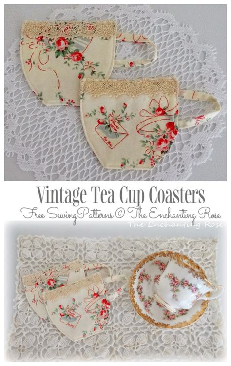 DIY Vintage Fabric Tea Cup Coasters Free Sewing Pattern | Fabric Art DIY Tea Cup Mug Rug Pattern, Tea Cup Coasters Free Pattern, Easy Vintage Sewing Projects, Felt Mug Rugs Patterns Free, Sewn Coasters Free Pattern, Diy Kitchen Sewing Projects, Diy Mug Rugs Free Pattern, Fabric Coasters Pattern, Scrap Fabric Coasters