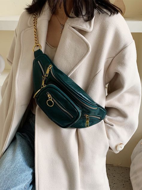 Dark Green Fashionable   PU Leather Plain Waist Bag Embellished   Women Bags Fanny Bag Outfit, Cross Body Bag Outfit, Fanny Pack Outfit, Cross Body Fanny Pack, Designer Fanny Pack, Fanny Pack Style, Fanny Pack Fashion, Fanny Pack Purse, Fanny Pack Women