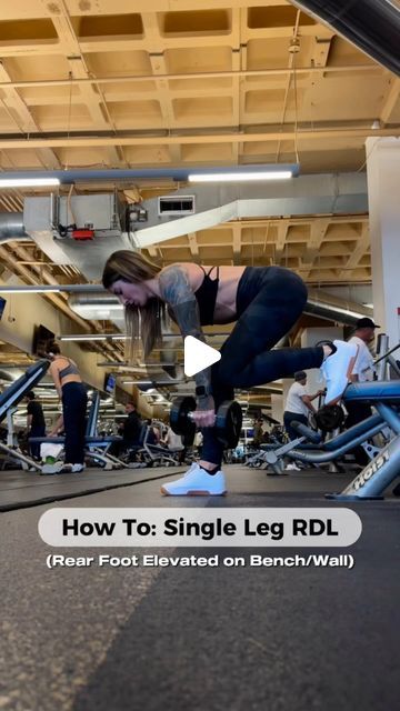 Laurie Christine King (LCK) on Instagram: "How To: Single Leg RDL

Meet this Single Leg Romanian Deadlift variation that’s super easy to perform and will leave your hamstrings and glutes absolutely SMOKED: the Rear Foot Elevated RDL 💣

All you need is a heavy bench or a flat wall.

Rather than your back leg floating in the air or fumbling with a B-stance setup, you’re gonna flex your foot and firmly plant it behind you against a sturdy bench or wall.

Then you’re onto usual business: grab your weights, hinge at the hips, channel your inner Tiesto, and send that azz back as far as you can behind you. 

You’ll see at the bottom of the rep that my torso is pretty much horizontal, back remains flat, lats are tight and engaged, and dumbbells end about mid shin.

The biggest mistake we see? 
Pe One Leg Rdl, Elevated Rdl, Single Leg Rdl On Bench, Single Leg Rdl, Christine King, Time Under Tension, Hamstrings And Glutes, Romanian Deadlift, Deadlift Variations