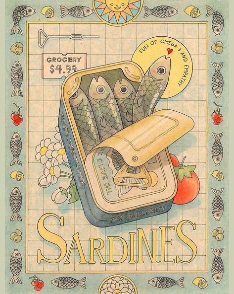 Sardines! 🐟🐟🐟 This is the first piece I made for my upcoming mini solo show at @nucleusportland opening September 2nd. The show is grocery… | Instagram Gouache Ideas, Felicia Chiao, Pizza Store, Clown Art, Dorm Posters, Drawing Letters, Undertale Drawings, Love Drawings, Nouvel An