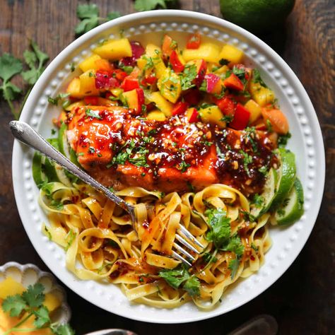 Asian Glazed Salmon with Mango Peach Salsa Mango Salsa Recipe Salmon, Salmon With Pasta, Salmon Recipes With Mango Salsa, Baked Salmon With Mango Salsa, Peach Mango Salsa Salmon, Salmon With Mango Avocado Salsa, Asian Glazed Salmon, Salmon Baked, Mediterranean Diet Meal Plan