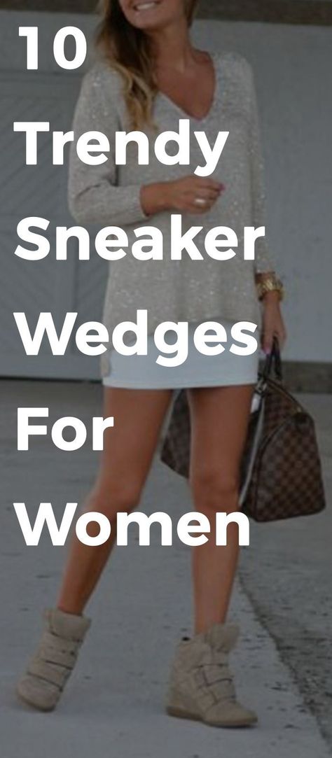 Trendy Sneaker Wedges For Your Everyday Look Wedge Athletic Shoes, White Wedge Sneakers Outfit, Hidden Wedge Sneakers Outfit, Wedge Sneakers Outfit Dressy, Wedge Tennis Shoes Outfits, High Heel Sneakers Outfit, Platform Sneakers How To Wear, How To Style Wedge Sneakers, How To Wear Wedge Sneakers