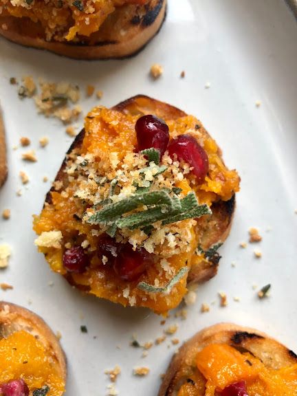 Authentic Suburban Gourmet: Roasted Butternut Squash Crostini Butternut Squash Appetizer, Squash Crostini, Cranberry Crostini, Carmelized Onions, Sliced Baguette, Panko Bread Crumbs, Roasted Butternut, Roasted Butternut Squash, Dried Cranberries