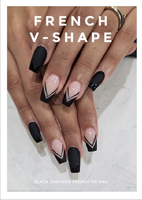 Black French Tip Bat Nails, Black And White Chevron Nails, Black V French Tip Nails Square, Chevron French Tip Nails Coffin, French V Shape Nails, Black Chevron Nails, Chevron Tip Nails, V Shaped French Tip Nails Coffin, V Tip Nail Designs