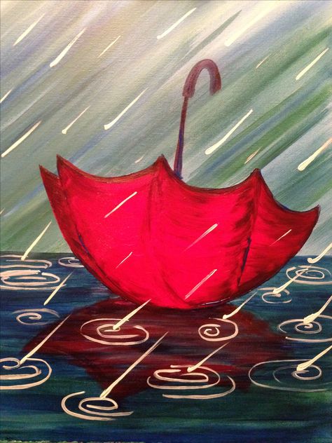 Lost Umbrella Wine And Canvas, Red Umbrella, Easy Canvas Painting, Spring Painting, Canvas Ideas, Simple Acrylic Paintings, On A Rainy Day, Paint And Sip, Night Painting