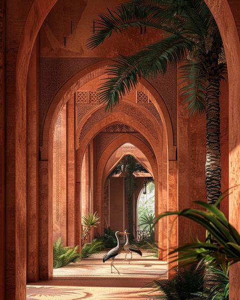 Marrakech villa interior with palm trees and birds, pink arches and terracotta walls, photorealistic architectural photography, highly detailed in the style of unknown artist Pink Arches, Marrakech Walls, Terracotta Walls, Marrakech Style, Villa Interior, Brick Architecture, Architectural Photography, Lombok, Marrakech