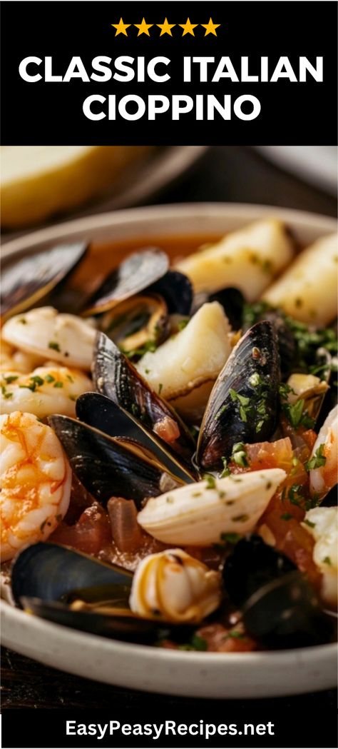 Looking for a comforting and flavorful seafood stew? Try my classic Italian cioppino recipe! This dish is packed with the freshest seafood and vibrant flavors of Italy. Perfect for family dinners or cozy nights at home, cioppino is a must-try. With easy steps and simple ingredients, you'll have a rich broth filled with fish, shrimp, and mussels simmered to perfection. It’s not only delicious but also a feast for the eyes with every colorful bite. Get the secret to making an authentic cioppino that your loved ones will rave about! Chopino Recipe Seafood Stew, Chiopino Recipe Fish Stewed, Ciopinno Seafood Stew Easy, Cioppino Recipe Best, Cioppino Recipe Easy, Xmas Meals, Italian Fish Recipes, Italian Seafood Stew, Seafood Cioppino