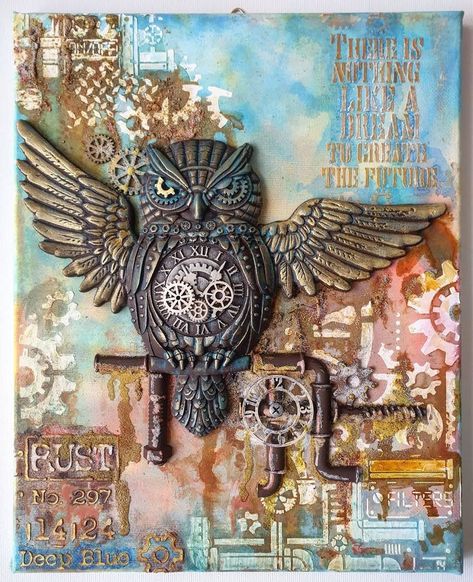 Steampunk Owl Art, Zuri Molds Ideas, Steampunk Quilts, Zuri Molds, Stamperia Mixed Media, Steampunk Painting, Mixmedia Painting, Steampunk Tutorial, Steampunk Mixed Media Art