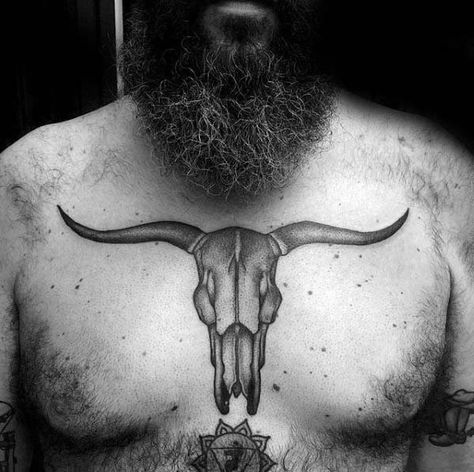 Shaded Dotwork Male Bull Skull Upper Chest Tattoos Bull Skull Tattoo Chest, Cow Skull Chest Tattoo, Western Chest Tattoo, Bull Skull Tattoo, Cow Skull Tattoos, Skull Tattoo Ideas, Skull Tattoo Designs, Bull Skull Tattoos, Western Ideas