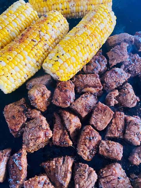 Blackstone Steak Bites and Corn - Cooks Well With Others Steak Bites On Blackstone, Blackstone Steak Bites, Blackstone Steak, Pork Dinners, Blackstone Grill, Griddle Recipes, Flat Top Grill, Pork Dinner, Blackstone Griddle