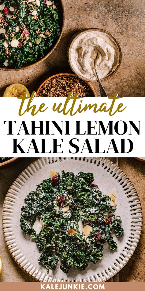 Lemon Tahini Salad, Kale And Tahini Salad, Tahini Chicken Salad, Tahini Salad Recipes, Kale Salad Dressing Recipes, Tahini Dressing Salad, Paleo Kale Salad, Recipes With Tahini, Tahini Kale Salad