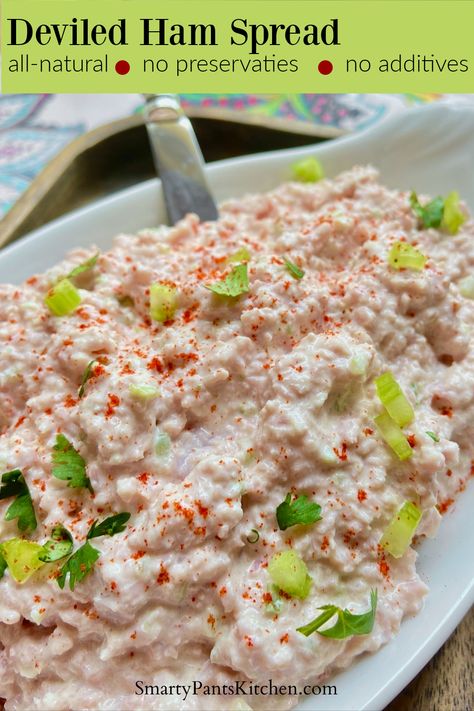 Deviled ham garnish with chopped green onion. Devil Ham Spread Recipes, Sandwhich Loafs, Deviled Ham Sandwiches, Ham Spread Recipe, Deviled Ham Spread, Ham Dip, Ham Spread, Bologna Salad, Cubed Ham