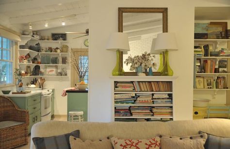 Amy’s 900 Square Foot Cottage Packed With Character | Apartment Therapy 900 Sq Ft House, Atlantic Beach Florida, Character House, Pale Blue Walls, Coral Pillow, Painted Brick Fireplace, Eclectic Homes, Cottage Interior, Atlantic Beach