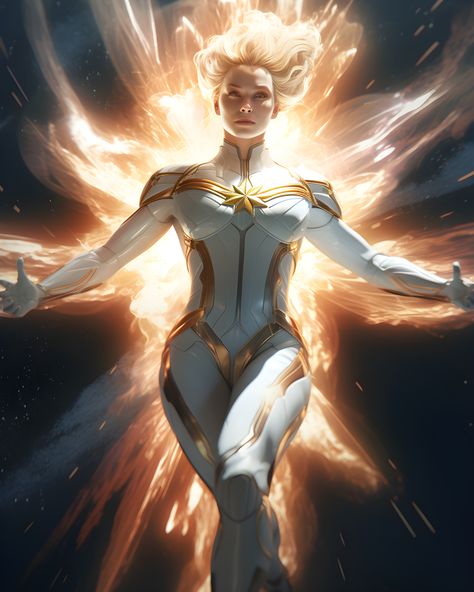 White Hero Suit Female, Sun Superhero Suit, White And Gold Superhero Suit, White And Gold Superhero Suit Female, Gold Superhero Suit Female, Gold Superhero Suit, Yellow Superhero Suit, White Superhero Suit Female, White Superhero Suit