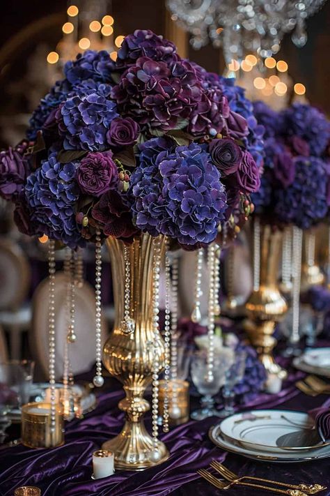 17 Enchanting Hydrangea Centerpieces • 80th Birthday Party Centerpiece Ideas, Pink Blue And Purple Wedding, Tall Gold Vase, Olsen Wedding, Silver Centerpieces, Royal Purple Wedding, Hydrangea Centerpieces, Deep Purple Flowers, Purple Wedding Ideas