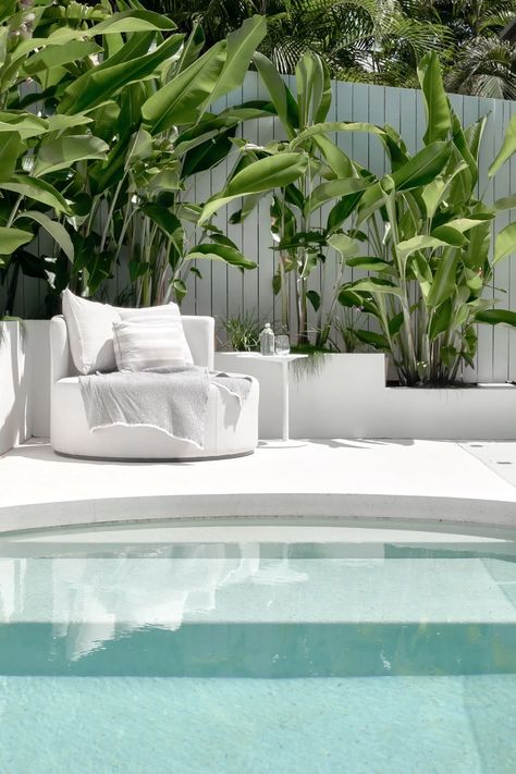 Modern Coastal Pool Area, White Pools Outdoor, Pool Area Ideas Australia, Pool Area Landscaping, Modern Luxury Lifestyle, Pool Design Plans, Plants Around Pool, 1920s Cottage, Landscaping Deck