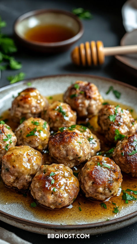 Healthy Honey Garlic Turkey Meatballs are a crowd-pleasing favorite! These easy turkey meatballs are baked to juicy perfection and coated in a tangy honey apple cider glaze. Save this now and click through for more recipes! Garlic Turkey Meatballs, Honey Garlic Turkey, Turkey Meatball Recipes, Ground Turkey Pasta Recipes, Bbq Turkey Meatballs, Garlic Turkey, Easy Turkey Meatballs, Apple Cider Glaze, Ground Turkey Meal Prep