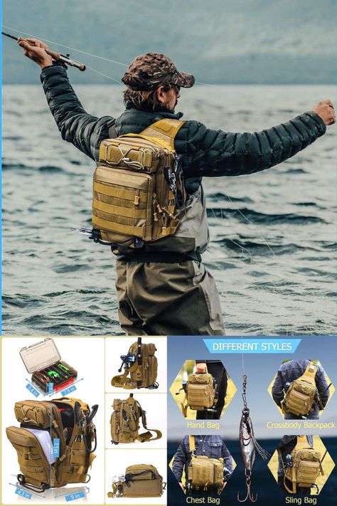 This fishing bag is comfortable to wear and has breathable cushioning. It's made of durable, waterproof nylon fabric. It has many pockets and a rod holder. The strap is changeable for different styles. It's great for fishing, traveling, and makes a good gift. #ad #FishingGear #TackleBox #LafeFishing #FishingClothes #FishingEquipment #DKSOutdoors #fish #fishingrod #FishingReel #FishingAccessories #Outdoors #hiking #Travel Fishing Tackle Bags, Fishing Bag, Fishing Backpack, Fish In A Bag, Tackle Box, Sport Fishing, Rod Holder, Fishing Outfits, Fishing Equipment