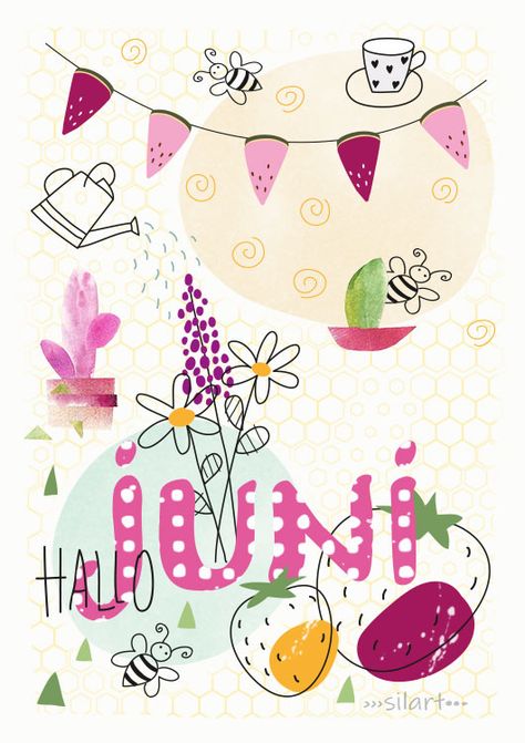 Hallo Juni, Illustration, Zeichnung, Sommer, Monat, Kalenderbild, Karten, Drawing, Cards, Print, silart, silartiges, happy draw German Months, Drawing Cards, Hello June, Kids Doodles, Calendar Girls, Art N Craft, Bullet Journal Inspo, Zen Doodle, Baby Scrapbook