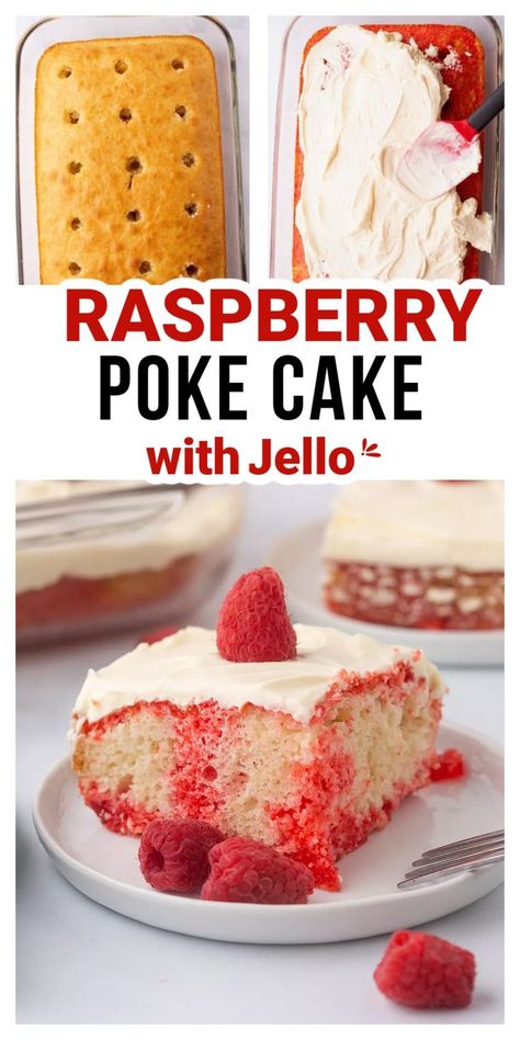 cake with holes with raspberry jello and whipped cream with Pinterest overlay. Poke Cake Recipes Jello, Poke Cake With Jello, Jello And Whipped Cream, Cake With Jello, Raspberry Poke Cake, Jello Cake Recipes, Poke Cake Jello, Poke Cake Lemon, Jello Cake