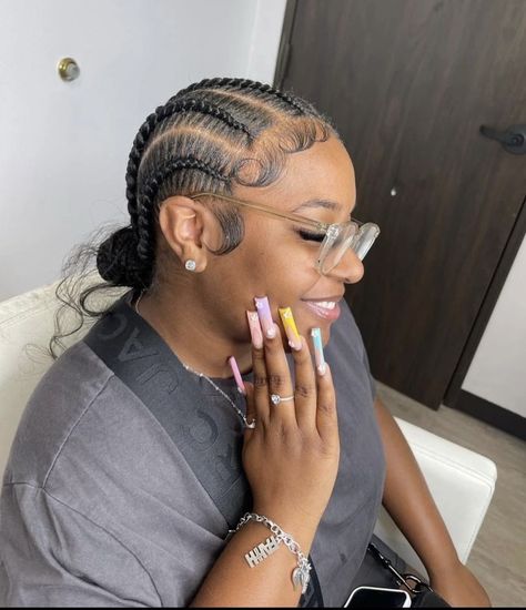 The main focus 💅🏾 #cornrows #braids #stitchbraids #braiddesigns Stitch Braids With Bun, Stitch Braids Into Bun, Cornrows Bun, White Girl Cornrows, Stitch Braids Hairstyles, Stitch Braids Cornrows, 6 Stitch Braids, Goddess Braid Bun, Braided Bun Styles