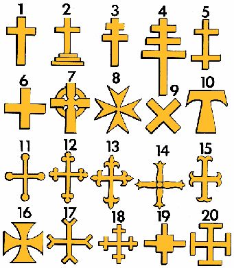 Cross (the device or emblem):  1 Latin 2 Calvary, 3 Patriarchal gold cross of Lorraine, 4 Papal, 5 Lorraine, 6 Greek, 7 Celtic, 8 Maltese, 9 St Andrew’s, 10 Tau, 11 Lettuce, 12 Botonée, 13 Fleury, 14 Avellan, 15 Moline, 16 Formed 17 Forked, 18 Crosslet, 19 Quadrate, 20 Potent Cross Types, Senior Citizen Activities Games, Types Of Crosses, Words And Meanings, Royal Arch Masons, Cross Of Lorraine, Crucifix Art, Catholic Symbols, Catholic Cross