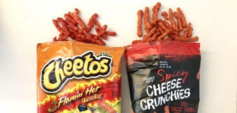 How Trader Joe's new knockoff hot cheetos compare to the real thing. #Cheetos #Snacks #QuickSnacks #Food #Cheese #TraderJoes Cheetos Cheese, Bag Of Cheetos, Cheetos Crunchy, Hot Snacks, Cheesy Snack, Hot Cheese, Hot Cheetos, Decorações Com Comidas, Hot Chip