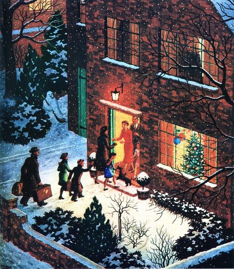 "Christmas Visitors" by Ronald Lampitt. John Bull, Dec 1951 Vintage Christmas Images, Christmas Feeling, Old Fashioned Christmas, Christmas Past, Christmas Scenes, Winter Art, Vintage Christmas Cards, Christmas Mood, Christmas Illustration