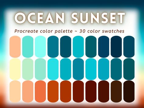 Beach Color Palette, Ocean Color Palette, Color Palette For Procreate, Color Palette Procreate, Beach Color Palettes, Procreate Palette, Sunset Color Palette, Beach Colors, Sunset Palette