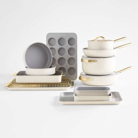 Caraway Cream Full Kitchen Set | Crate & Barrel Caraway Cookware Cream, Aesthetic Pots And Pans Set, Caraway Pans, Beige Apartment, Caraway Cookware, Ceramic Cookware, Pots And Pans Sets, Full Kitchen, Crate Barrel