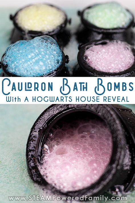 Harry Potter Bath Bombs made in cauldrons with a Hogwarts House Reveal. Great kid bath bomb project. #BathBombs #HarryPotter Harry Potter Bath, Classe Harry Potter, Cumpleaños Harry Potter, Jelly Soap, Festa Harry Potter, Anniversaire Harry Potter, Theme Harry Potter, Wine Bottle Diy Crafts, Mason Jar Crafts Diy