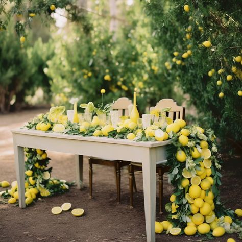 Beautiful lemon wedding ceremony table, invitation in link Hanging Lemons Wedding, Lemon Wedding Bouquet, Lemons Wedding Decor, Lemon Centerpiece Ideas Wedding, Lemon Wedding Decor, Wedding Ceremony Table, Light Yellow Weddings, Wedding Lemon, Lemon Themed Wedding