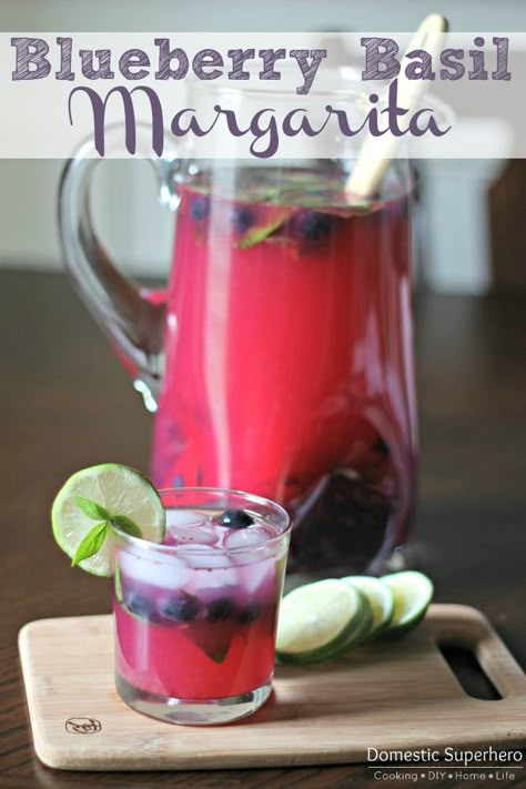 Easy Blueberry Basil Margaritas - soooo tasty and refreshing! Basil Margarita, Basil Simple Syrup, Blueberry Basil, Mexican Drinks, July Recipes, Margarita Recipes, Alcoholic Beverages, Summer Ideas, Slushies