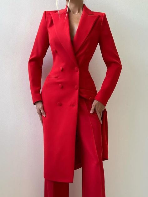 Dressy Pant Suits For Women, Custom Made Suits For Women, All Red Christmas Outfit, Holiday Suits Women, Unique Suits For Women, Tailored Womens Suits, Red Pant Suit For Women, Long Blazer Outfits For Women, Women’s Suits