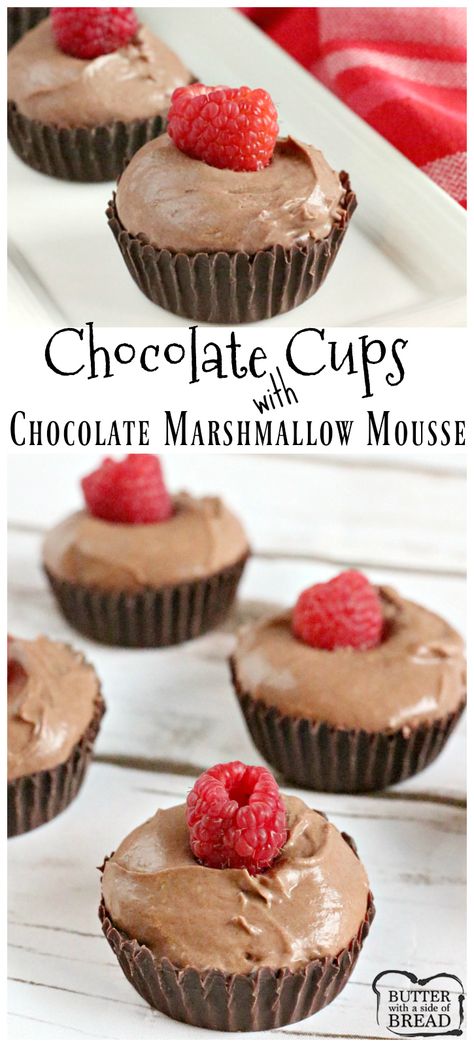 Chocolate Cups with Chocolate Marshmallow Mousse - Butter With a Side of Bread Marshmallow Mousse, Class Treats, Chocolate Marshmallow, Chocolate Marshmallows, Mousse Recipes, Kids Imagination, Creamy Desserts, Chocolate Cups, Valentines Food