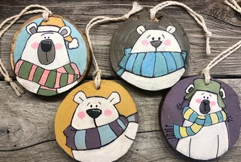 BarnwoodBrushCo - Etsy Wood Polar Bear, Polar Bear Ornaments Diy, Wood Slice Ornament Ideas, Christmas Ornaments Painted, Tree Slice Art, Polar Bear Ornaments, Inexpensive Christmas Gifts, Paint On Wood, Handmade Christmas Crafts