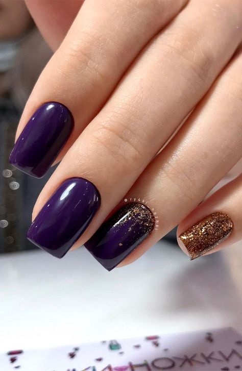 47 Beautiful Nail Art Designs & Ideas : Purple and gold nails Purple And Gold Nails, Dark Color Nails, Gold Gel Nails, Beautiful Nail Art Designs, Gold Manicure, Dark Purple Nails, Plum Nails, Violet Nails, Gold Acrylic Nails