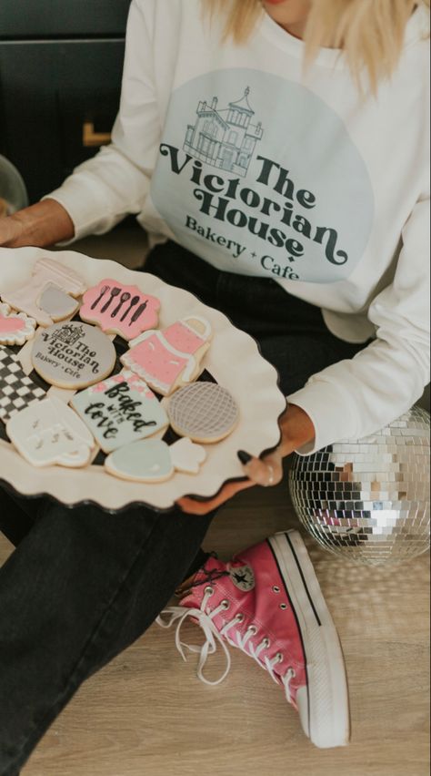 Bakery photo shoot session cookies baking Victorian house bakery and cafe bowl mixer pink black checkered Baking Business Photoshoot, Bakery Branding Photoshoot, Baker Photoshoot Ideas, Baker Headshots, Bakery Photoshoot Ideas, Baker Photoshoot, Baking Branding, Baking Photography, Business Things